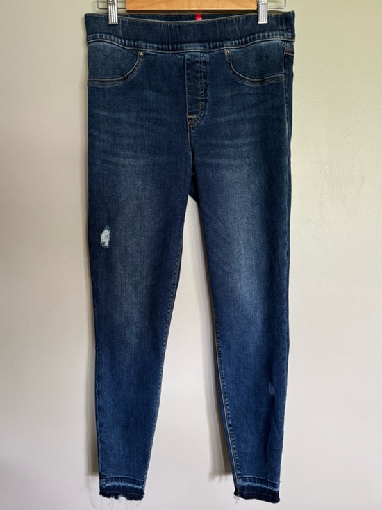 SPANX Denim - SPANX Distressed Skinny Jeans Dark Wash Raw Hem Pull-On Jeggings Size M